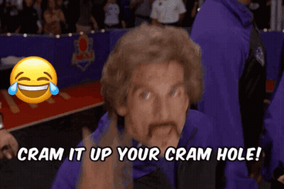 A Man In A Purple Shirt Is Laughing With The Words Cram It Up Your Cram Hole GIF
