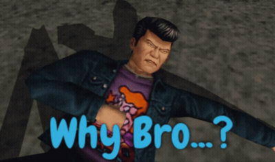 A Man In A Purple Shirt Is Laying On The Ground With The Words " Why Bro " On The Bottom GIF