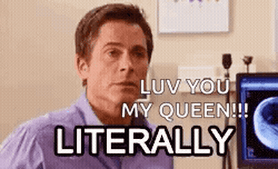 A Man In A Purple Shirt Is Sitting In Front Of A Computer And Saying `` Luv You My Queen '' . GIF