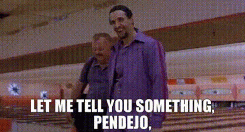 A Man In A Purple Shirt Is Standing Next To A Woman In A Bowling Alley And Says Let Me Tell You Something Pendejo GIF