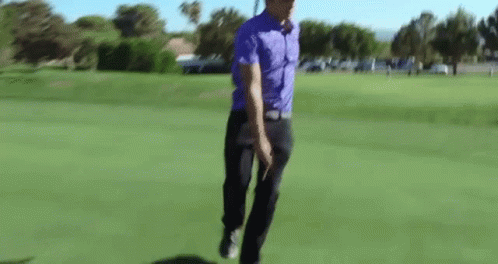 A Man In A Purple Shirt Is Walking On A Golf Course . GIF