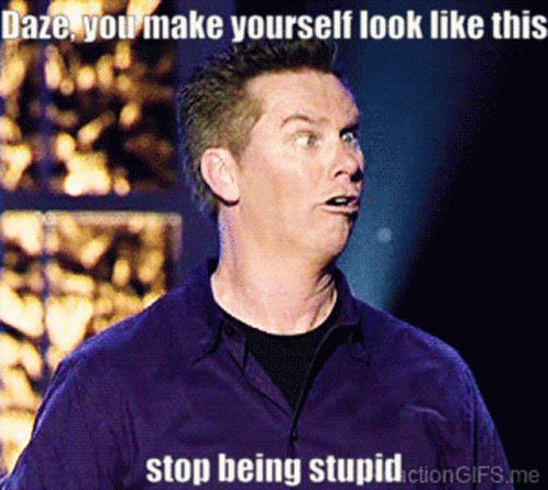 A Man In A Purple Shirt Says " Daze You Make Yourself Look Like This " And " Stop Being Stupid " GIF