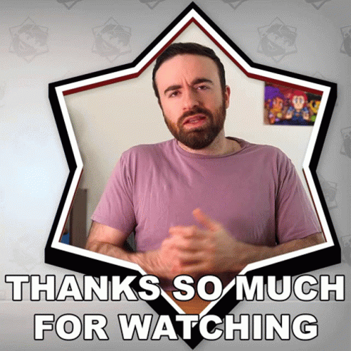 A Man In A Purple Shirt Stands In Front Of A Sign That Says " Thanks So Much For Watching " GIF