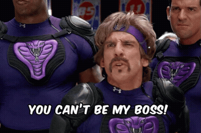 A Man In A Purple Shirt With A Cobra On It Says You Can 'T Be My Boss GIF