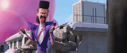 A Man In A Purple Suit Is Holding A Gun GIF