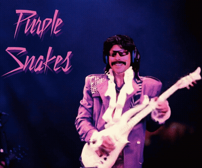 A Man In A Purple Suit Is Playing A Guitar In Front Of A Sign That Says Purple Snakes GIF