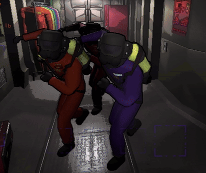 A Man In A Purple Suit Is Standing Next To Another Man In A Red Suit In A Hallway GIF
