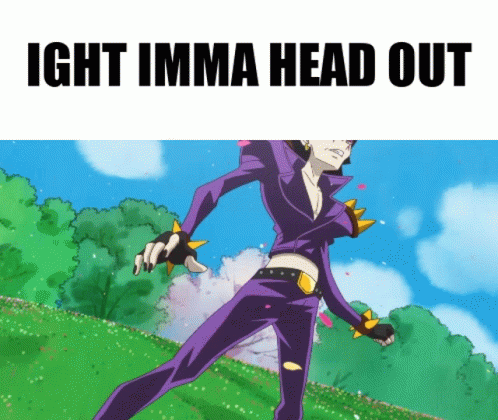 A Man In A Purple Suit Stands In A Field With The Words Ight Imma Head Out Below Him GIF