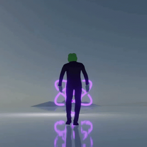 A Man In A Purple Suit Stands In Front Of A Purple Atom GIF