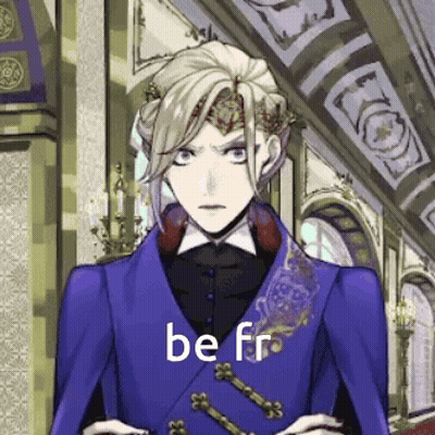 A Man In A Purple Suit With The Words `` Be Fr '' Written On It Is Standing In A Room . GIF