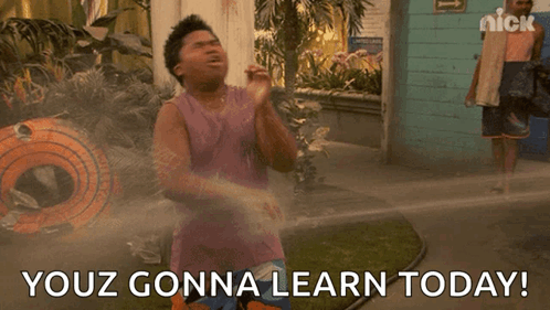 A Man In A Purple Tank Top Is Being Sprayed With Water And The Words You 'Re Gonna Learn Today . GIF