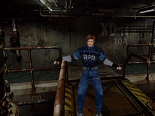 A Man In A R.p.d. Uniform Is Standing In A Room GIF