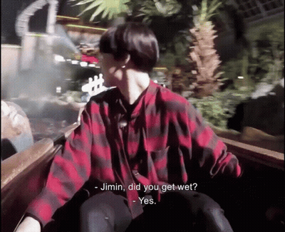 A Man In A Red And Black Plaid Shirt Is Riding A Roller Coaster And Asking Jimin If He Got Wet GIF