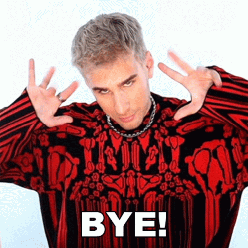 A Man In A Red And Black Sweater Is Making A Peace Sign With His Hands And The Words Bye Written Below Him . GIF