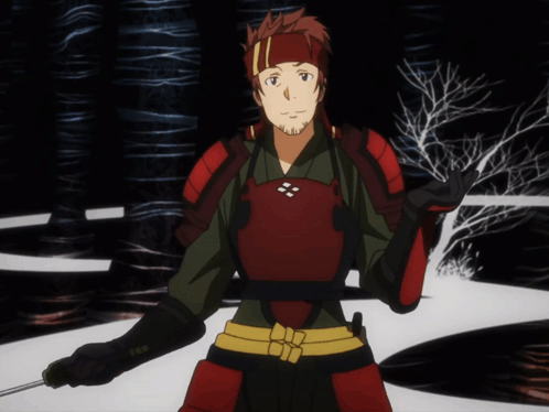 A Man In A Red And Green Armor Stands In The Snow GIF
