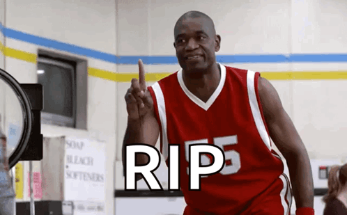 A Man In A Red And White Basketball Jersey With The Word Rip On It GIF
