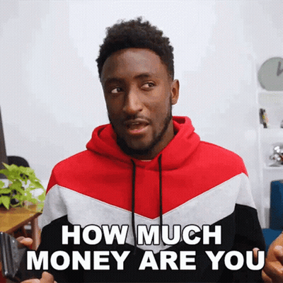 A Man In A Red And White Striped Hoodie Says How Much Money Are You GIF