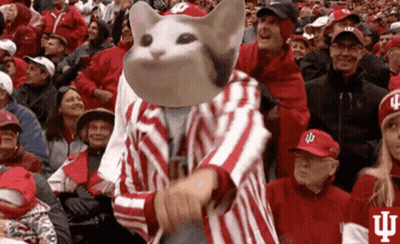 A Man In A Red And White Striped Jacket With A Cat On His Head Is Dancing In A Crowd GIF