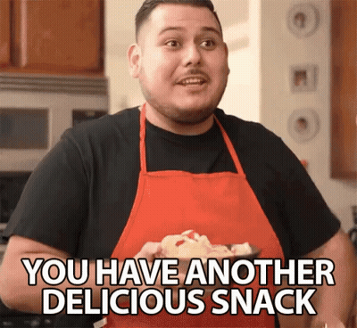 A Man In A Red Apron Is Holding A Bowl Of Chips And Says " You Have Another Delicious Snack " GIF