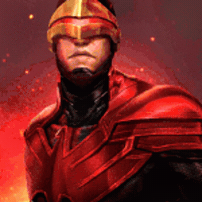A Man In A Red Armor And Helmet Is Standing In Front Of A Fireball . GIF