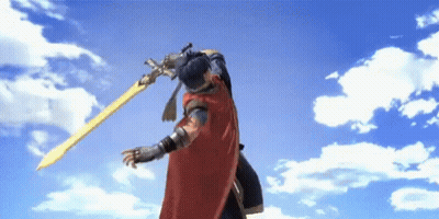 A Man In A Red Cape Holds A Sword In The Air GIF