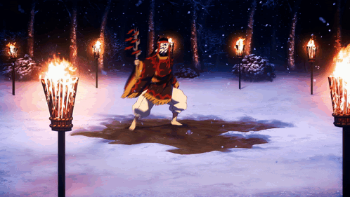 A Man In A Red Cape Is Holding A Torch In The Snow GIF