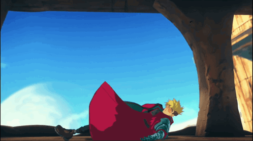 A Man In A Red Cape Is Laying On The Ground In Front Of A Blue Sky GIF