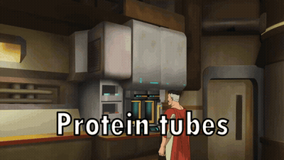 A Man In A Red Cape Is Standing In Front Of A Protein Tubes Machine GIF