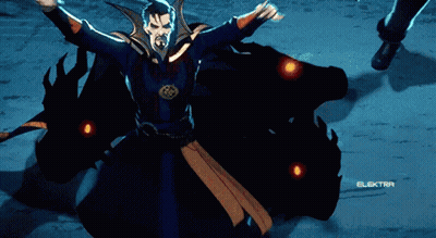 A Man In A Red Cape Is Standing Next To A Woman With The Word Elektra On The Bottom Right GIF