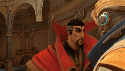 A Man In A Red Cape Is Talking To Another Man In A Suit GIF