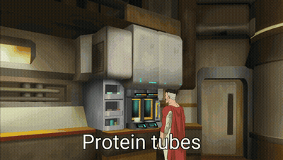 A Man In A Red Cape Stands In Front Of A Machine That Says Protein Tubes On It GIF
