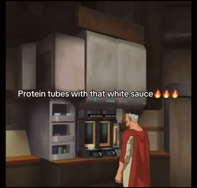 A Man In A Red Cape Stands In Front Of A Machine That Says " Protein Tubes With That White Sauce " GIF