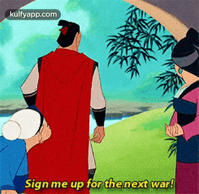 A Man In A Red Cape Stands Next To Two Women And Says Sign Me Up For The Next War . GIF