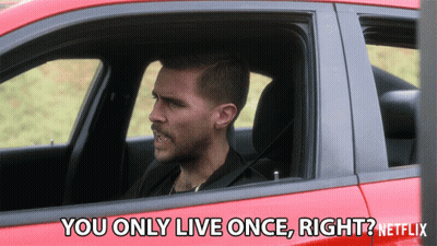 A Man In A Red Car Says " You Only Live Once Right ? " GIF