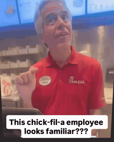 A Man In A Red Chick-Fil-A Shirt Is Pointing At Something GIF