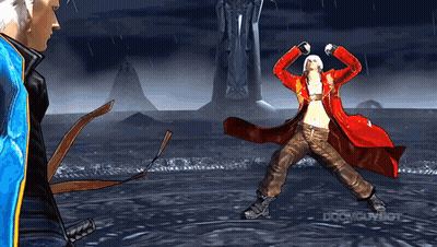 A Man In A Red Coat Is Dancing In Front Of A Statue GIF
