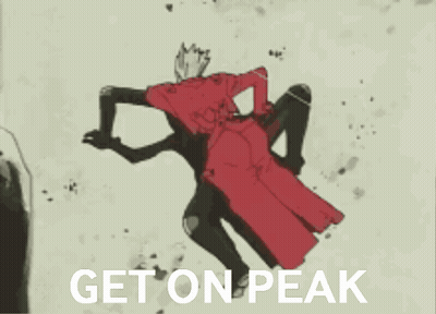 A Man In A Red Coat Is Sitting On Another Man 'S Shoulders And The Words Get On Peak Are On The Bottom GIF