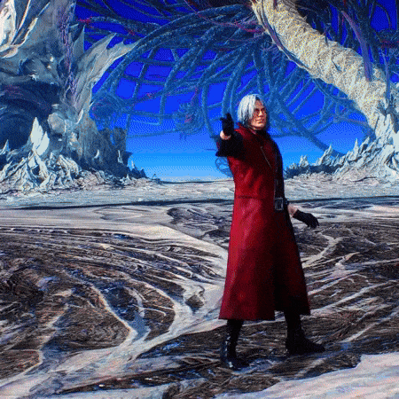 A Man In A Red Coat Is Standing In A Field With A Tree In The Background GIF