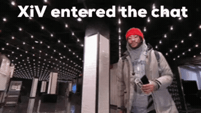 A Man In A Red Hat Is Standing In Front Of A Ceiling With Lights And The Words Xiv Entered The Chat Above Him . GIF