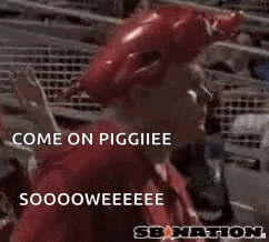 A Man In A Red Hat Says Come On Piggie Woo Pig GIF