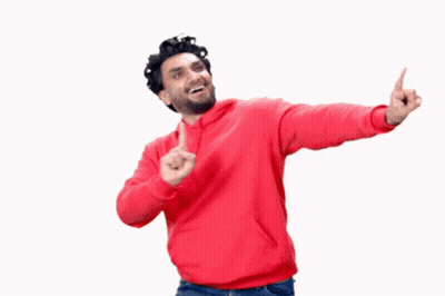 A Man In A Red Hoodie Is Pointing Up With His Fingers GIF