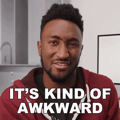 A Man In A Red Hoodie Says " It 'S Kind Of Awkward " In White Letters GIF