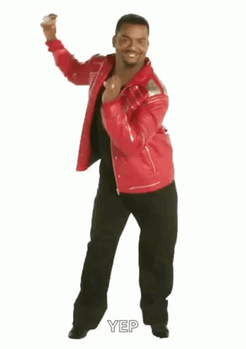 A Man In A Red Jacket And Black Pants Is Dancing With The Word Yep Written On The Bottom GIF