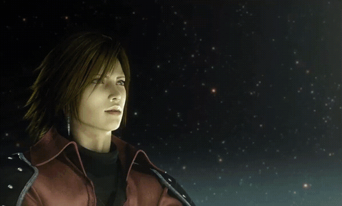 A Man In A Red Jacket And Red Gloves Is Looking Up At The Sky GIF