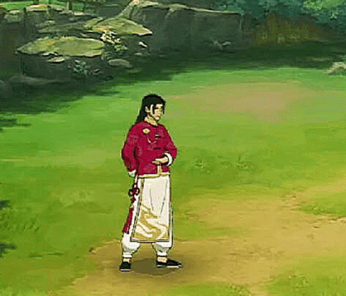 A Man In A Red Jacket And White Pants Is Standing In A Grassy Field . GIF