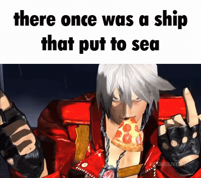 A Man In A Red Jacket Eating A Slice Of Pizza With The Words There Once Was A Ship That Put To Sea GIF