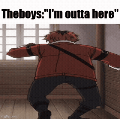 A Man In A Red Jacket Is Dancing In A Room With The Words " The Boys : I 'M Outta Here " GIF