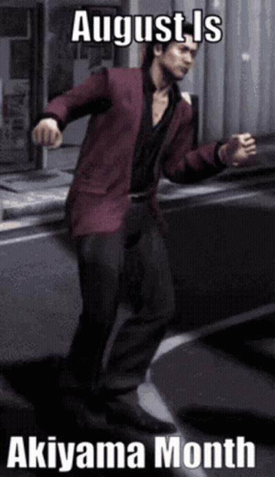 A Man In A Red Jacket Is Dancing In Front Of A Sign That Says August Is Akiyama Month . GIF