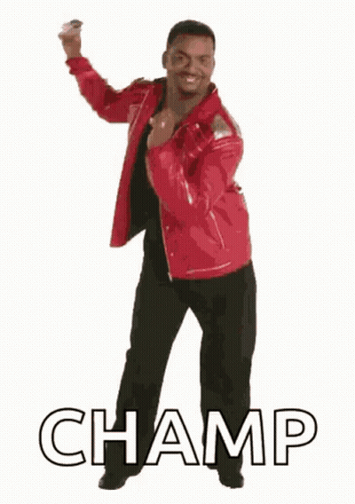 A Man In A Red Jacket Is Dancing With The Word Champ Behind Him . GIF