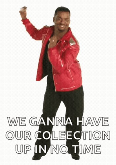 A Man In A Red Jacket Is Dancing With The Words We 'Re Gonna Have Our Collection Up In No Time GIF